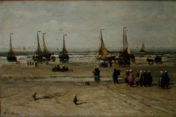 Kustlandschap met vissersvaartuigen en vissers door Hendrik William Mesdag