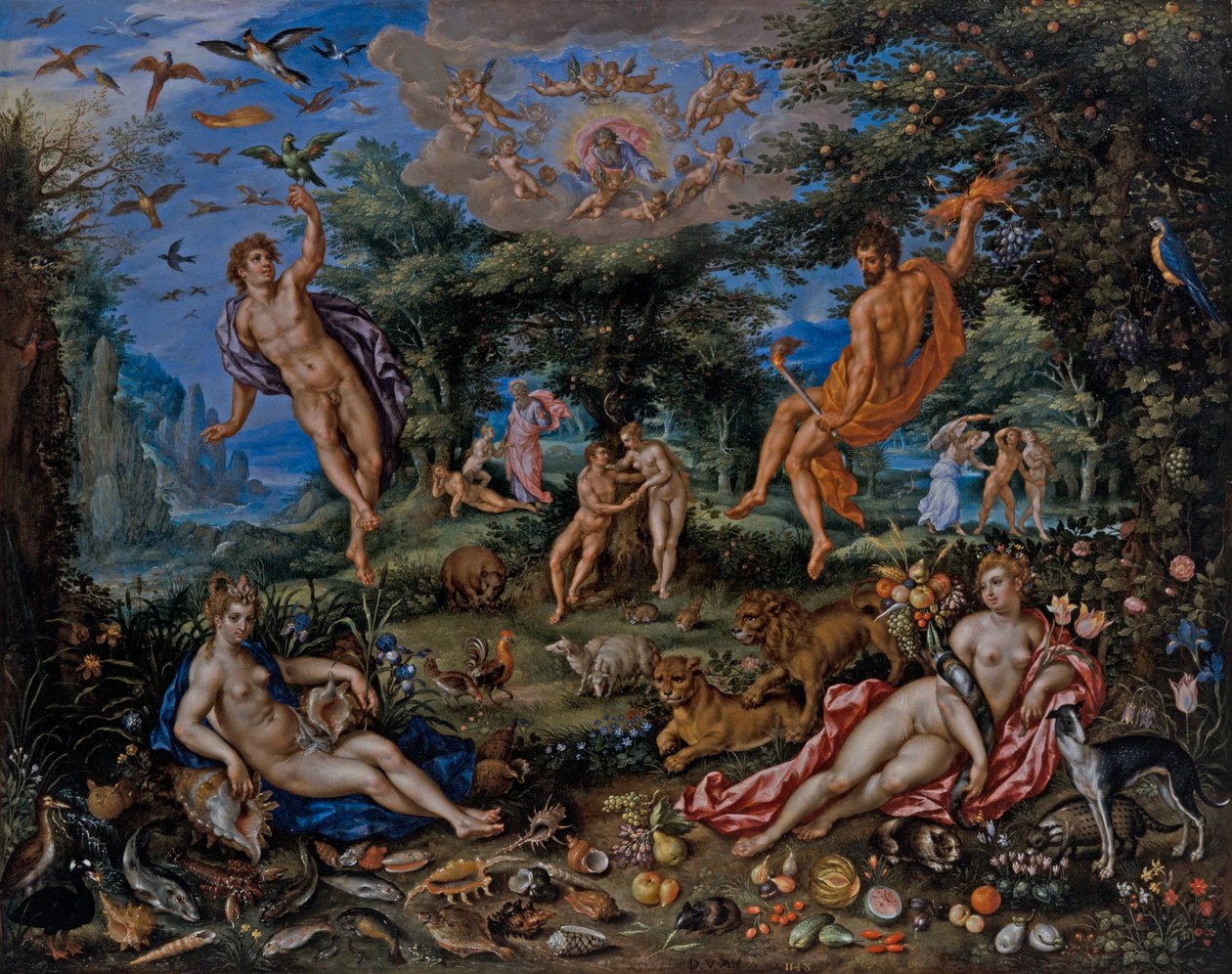 De vier elementen, met scènes uit Genesis door Hendrik de & Alsloot Denis van (c.1573 1625/26) Clerck