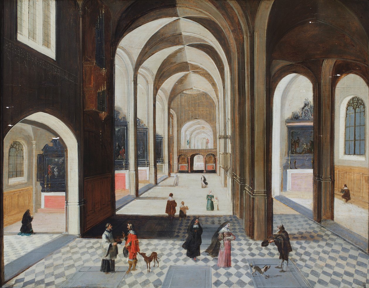 Een kerkinterieur met figuren waaronder een man in het rood die praat met een geestelijke (olieverf op doek) door Hendrik the Younger (follower of) Steenwyck