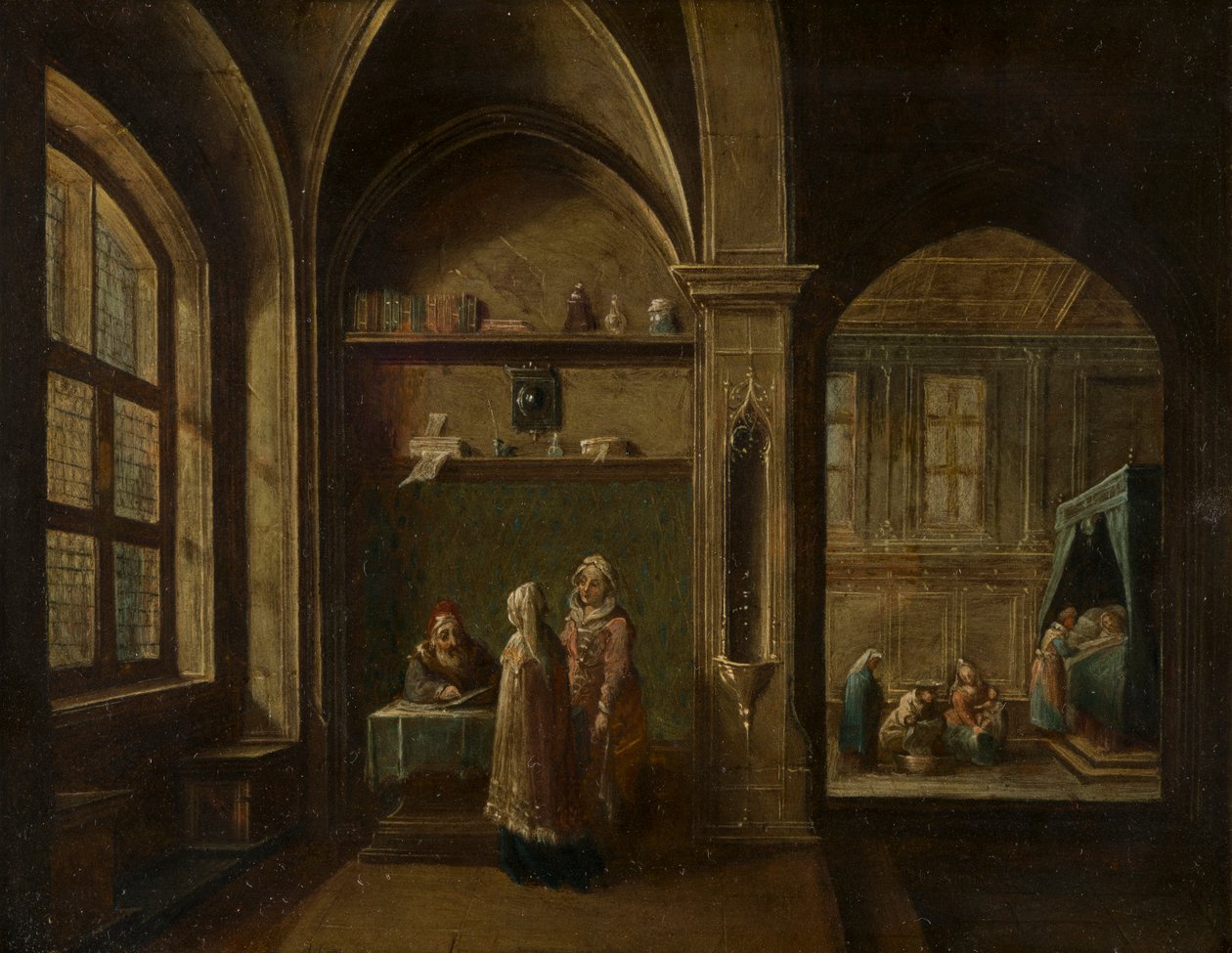 Een Renaissance-interieur met figuren: De geboorte van St. Jan door Hendrik the Younger Steenwyck
