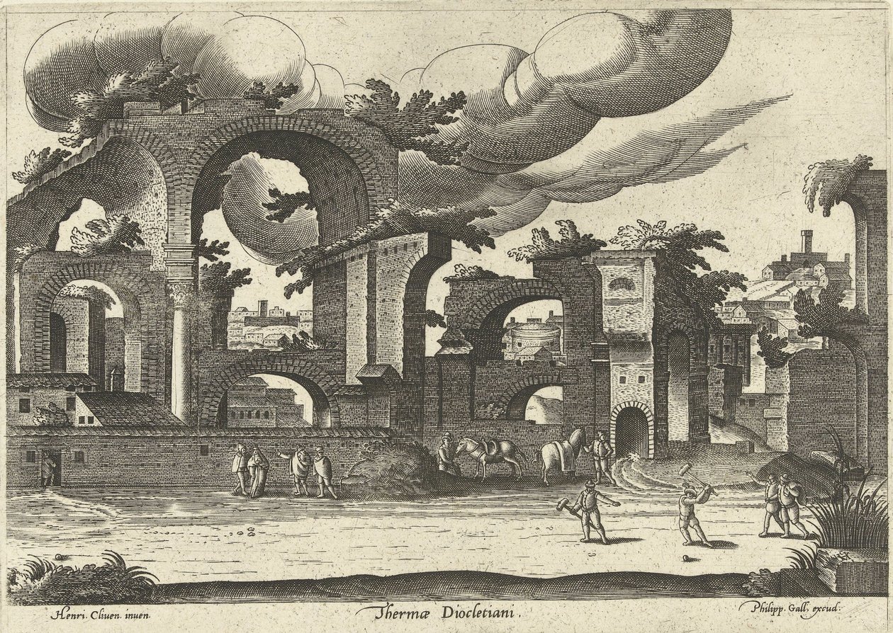 Ruïnes van de Thermen van Diocletianus met twee mannen die croquet spelen op de voorgrond, 1585 door Hendrik van Cleve III