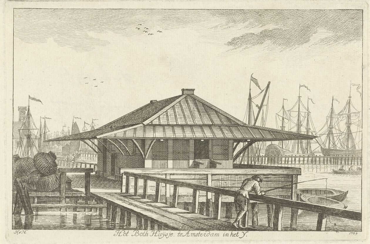 Bothuisje te Amsterdam in het IJ door Hendrik van Hilten