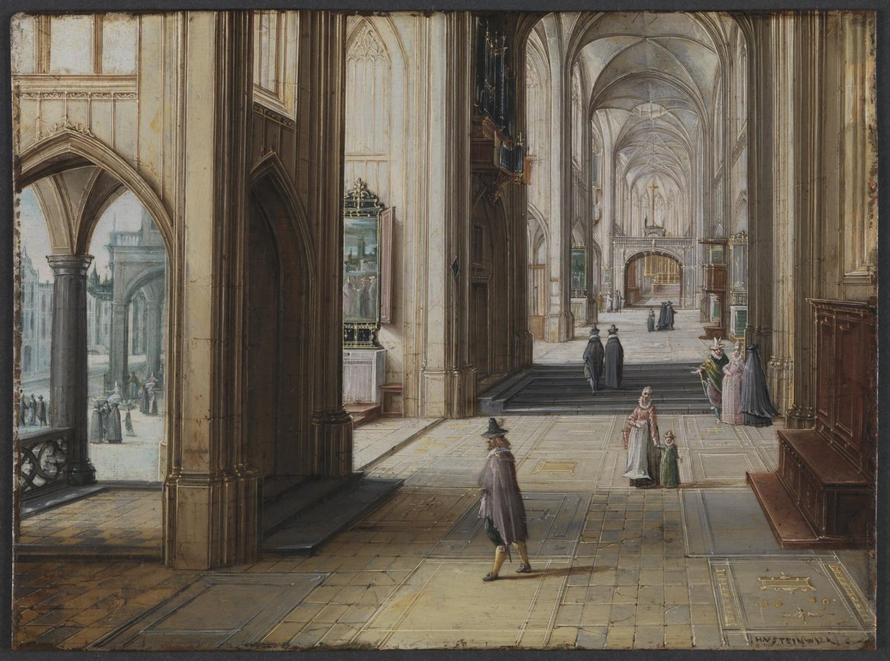 Interieur van een Gotische Kerk, Kijkend naar het Oosten door Hendrik van II Steenwijck