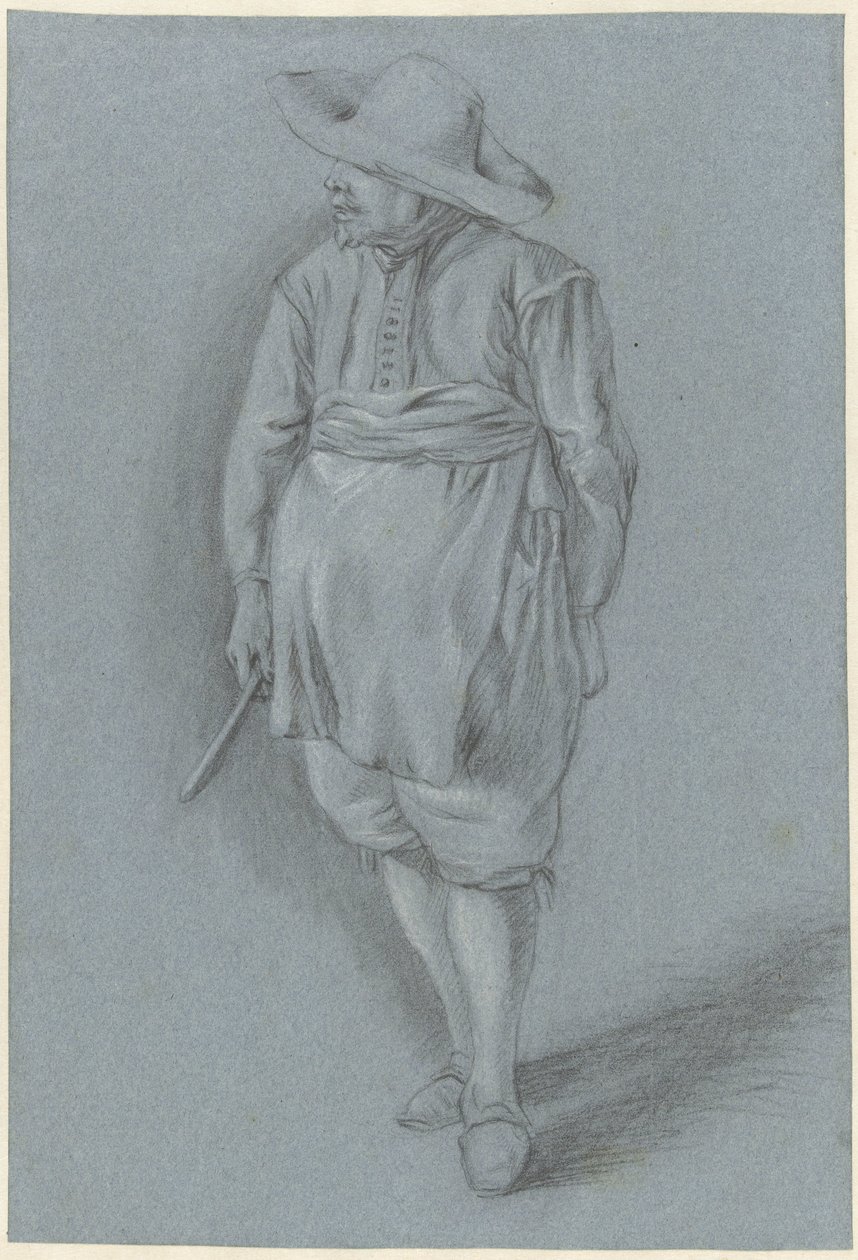 Man in 17e-eeuwse kledij met hoed, schort en mes door Hendrik van Velthoven (attributed to)
