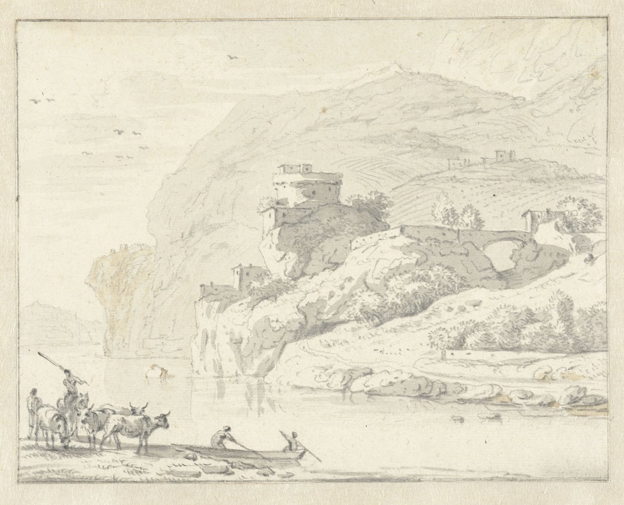 Italiaans berglandschap met herders en vee, en twee figuren in een boot die de rivier oversteken door Hendrik van der Straaten (attributed to)
