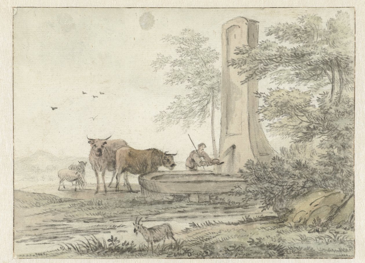 Italiaans landschap met herder en zijn vee bij een fontein door Hendrik van der Straaten