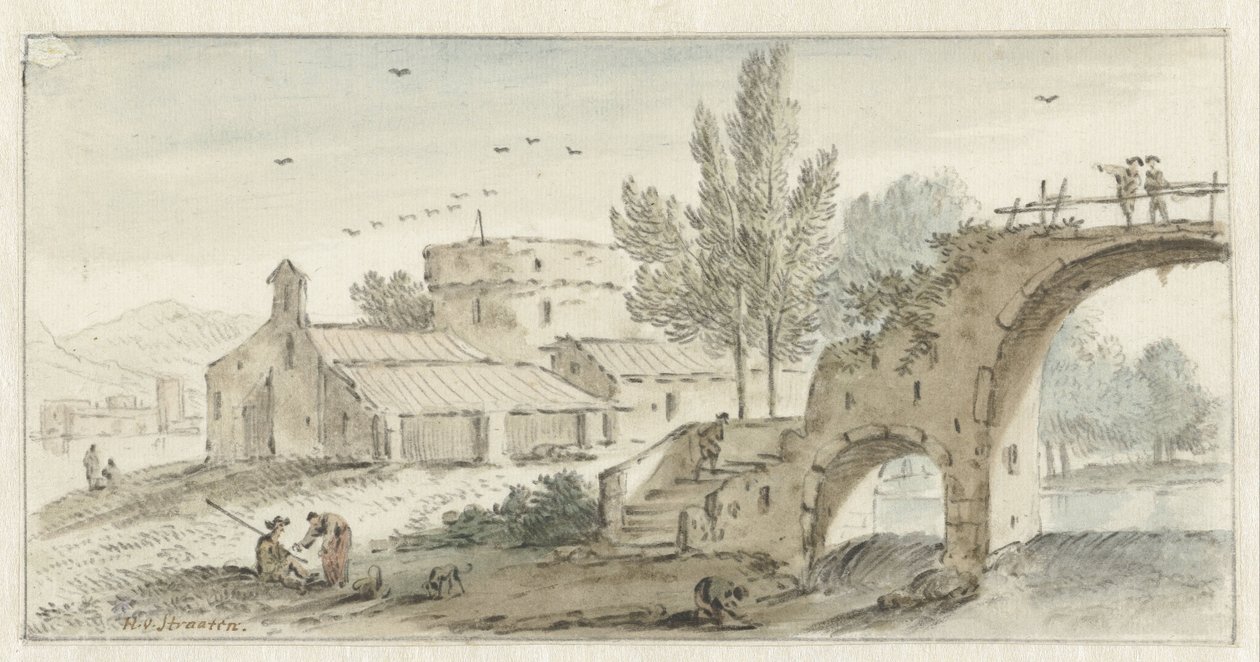 Italiaans landschap met een stenen brug door Hendrik van der Straaten