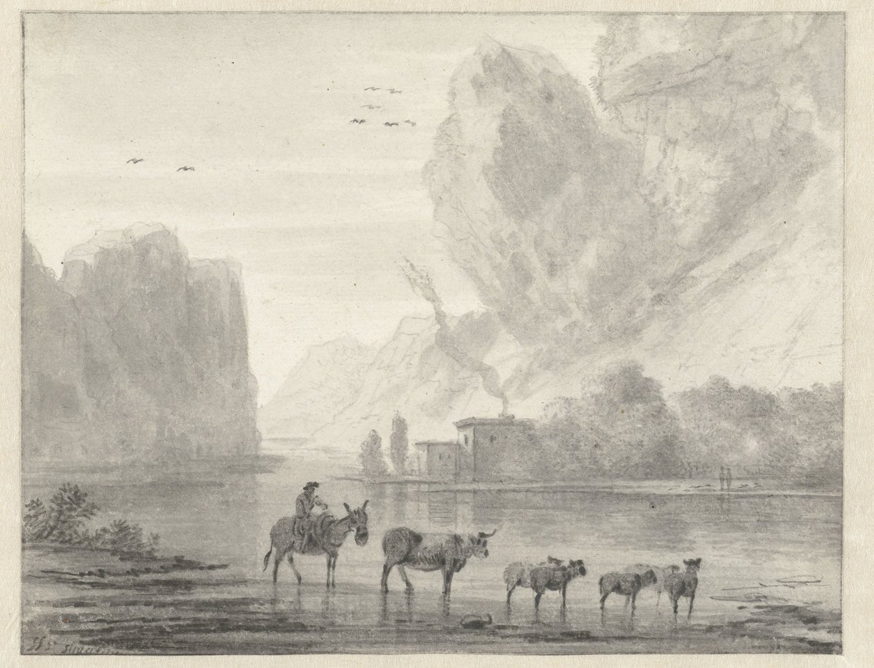 Rotsachtig rivierlandschap met een herder met zijn vee en schapen door Hendrik van der Straaten