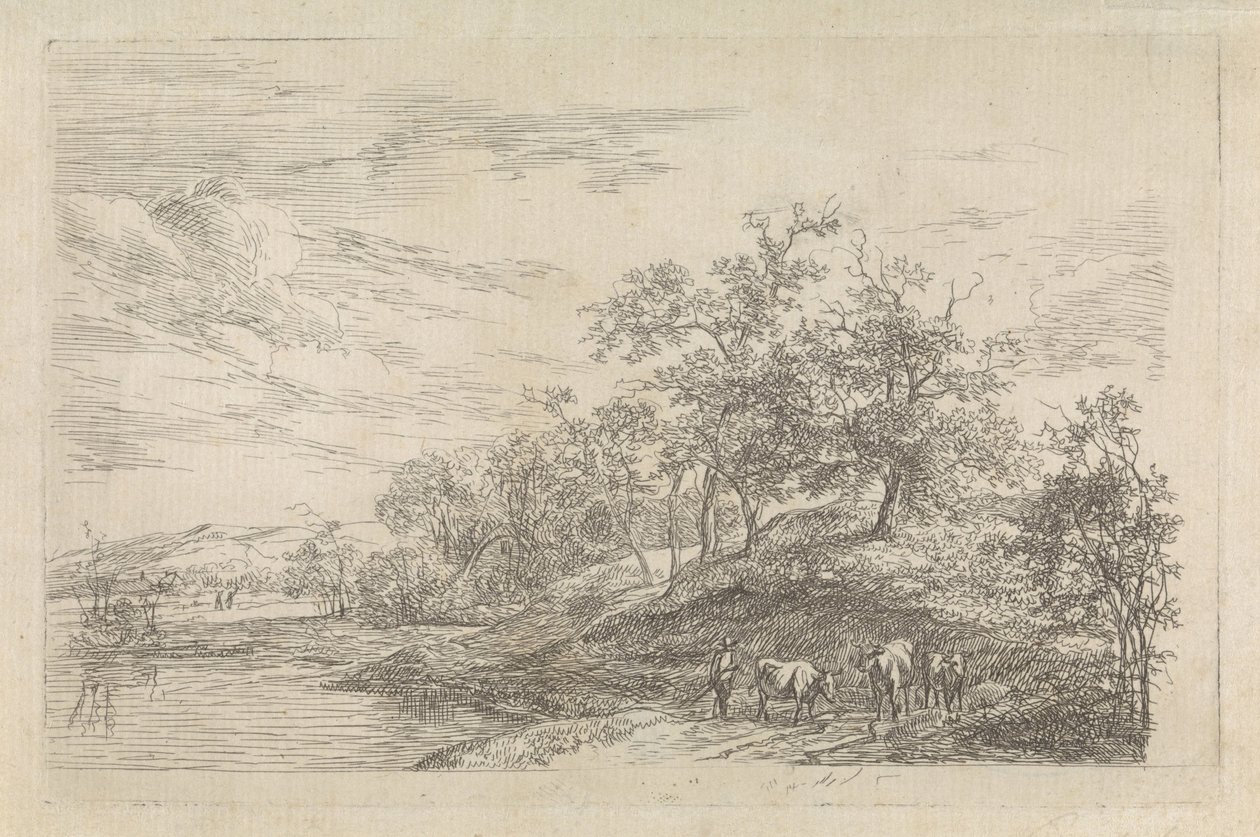 Heuvellandschap met herder met koeien door Hendrikus van de Sande Bakhuyzen