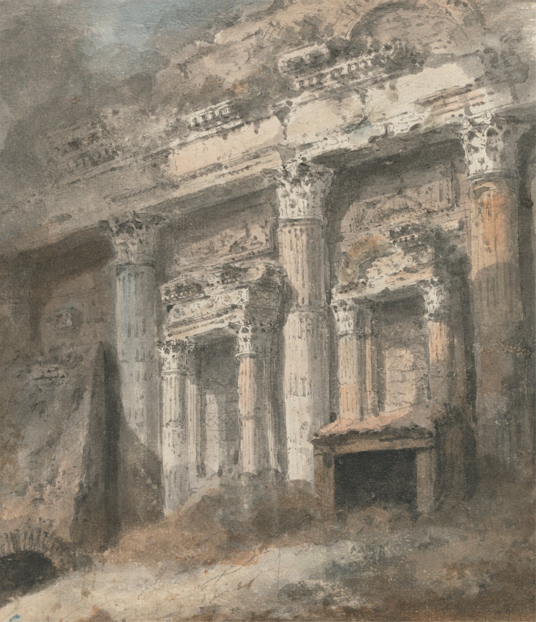 Gevel van een verwoeste (?) Romeinse tempel, met zuilen en deuropening door Heneage Finch fourth Earl of Aylesford