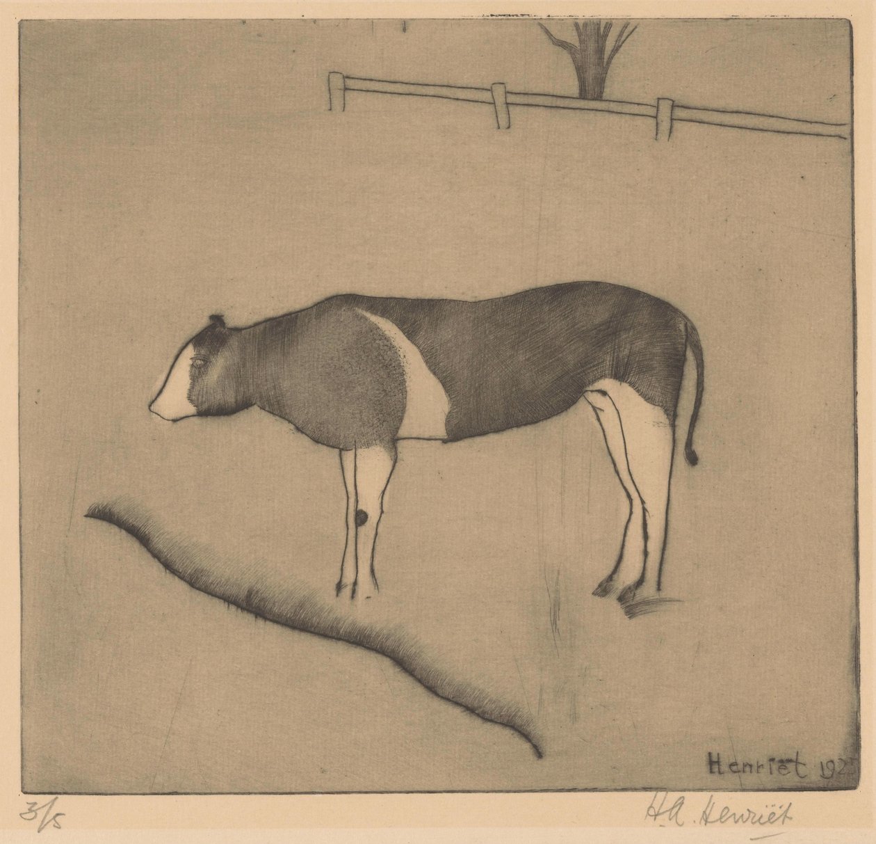 Koe staand bij een oever door Henk Henriët (signed by artist)