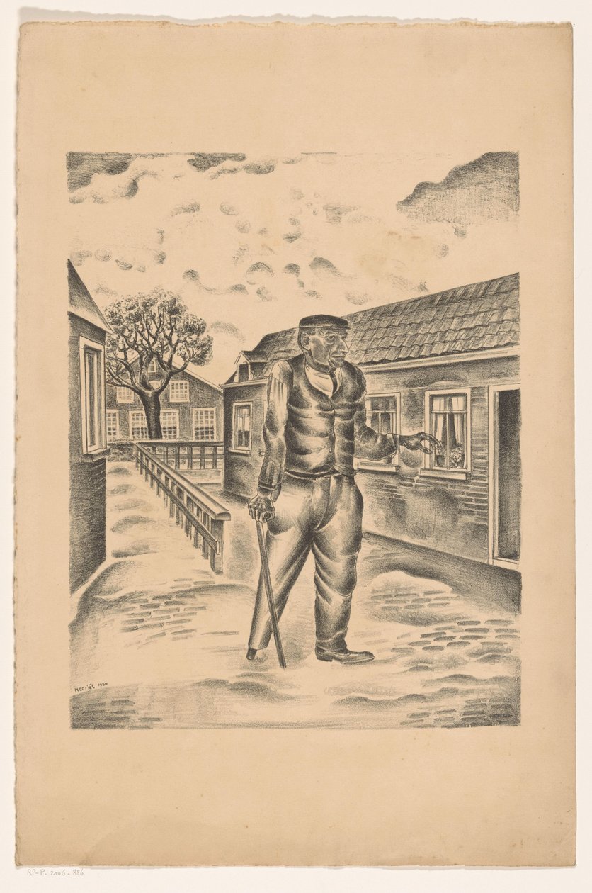 Man met houten been en stok in een dorpsstraat door Henk Henriët