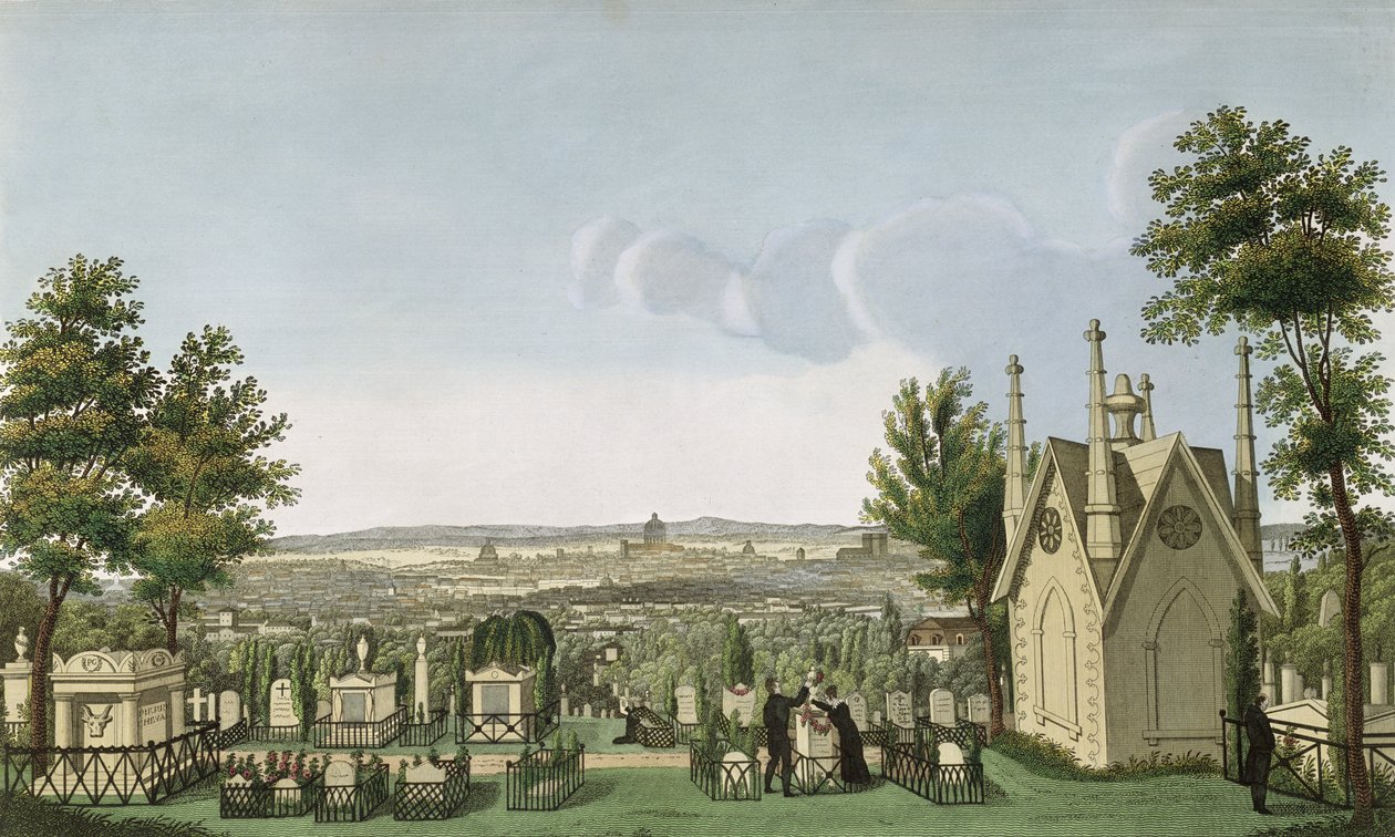 Uitzicht op de Père-Lachaise Begraafplaats vanaf de Gotische Kapel, gegraveerd door Guiguet door Henri Courvoisier Voisin