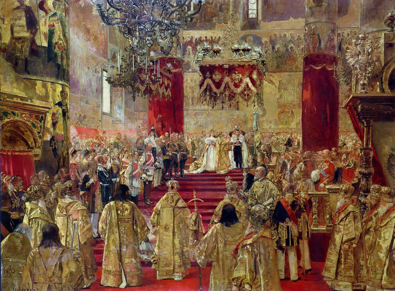 Studie voor de kroning van Tsaar Nicolaas II en Tsarina Alexandra in de Kerk van de Hemelvaart, Moskou, 14 mei 1896 door Henri Gervex