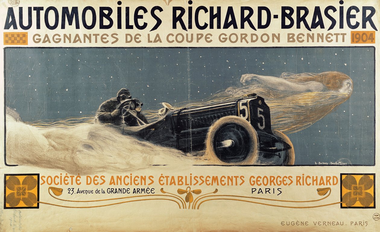 Poster met Automobiles Richard-Brasier die de Gordon Bennett Cup winnen door Henri Jules Ferdinand Bellery Defonaines