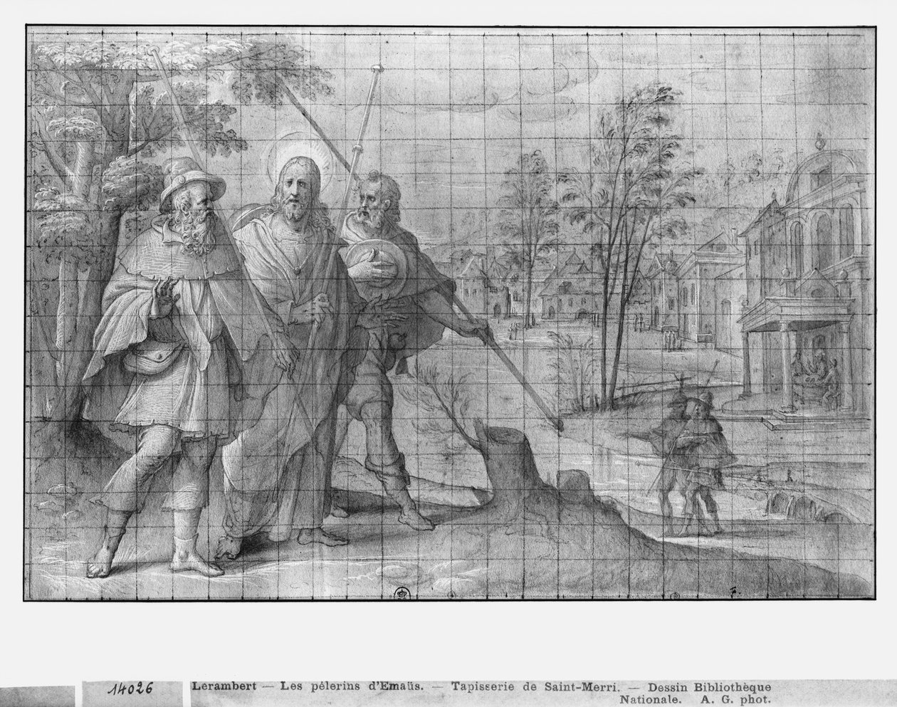 Leven van Christus, Christus op weg naar Emmaüs, voorbereidende studie van tapijtkarton voor de Kerk Saint-Merri in Parijs, ca. 1585-90 door Henri Lerambert