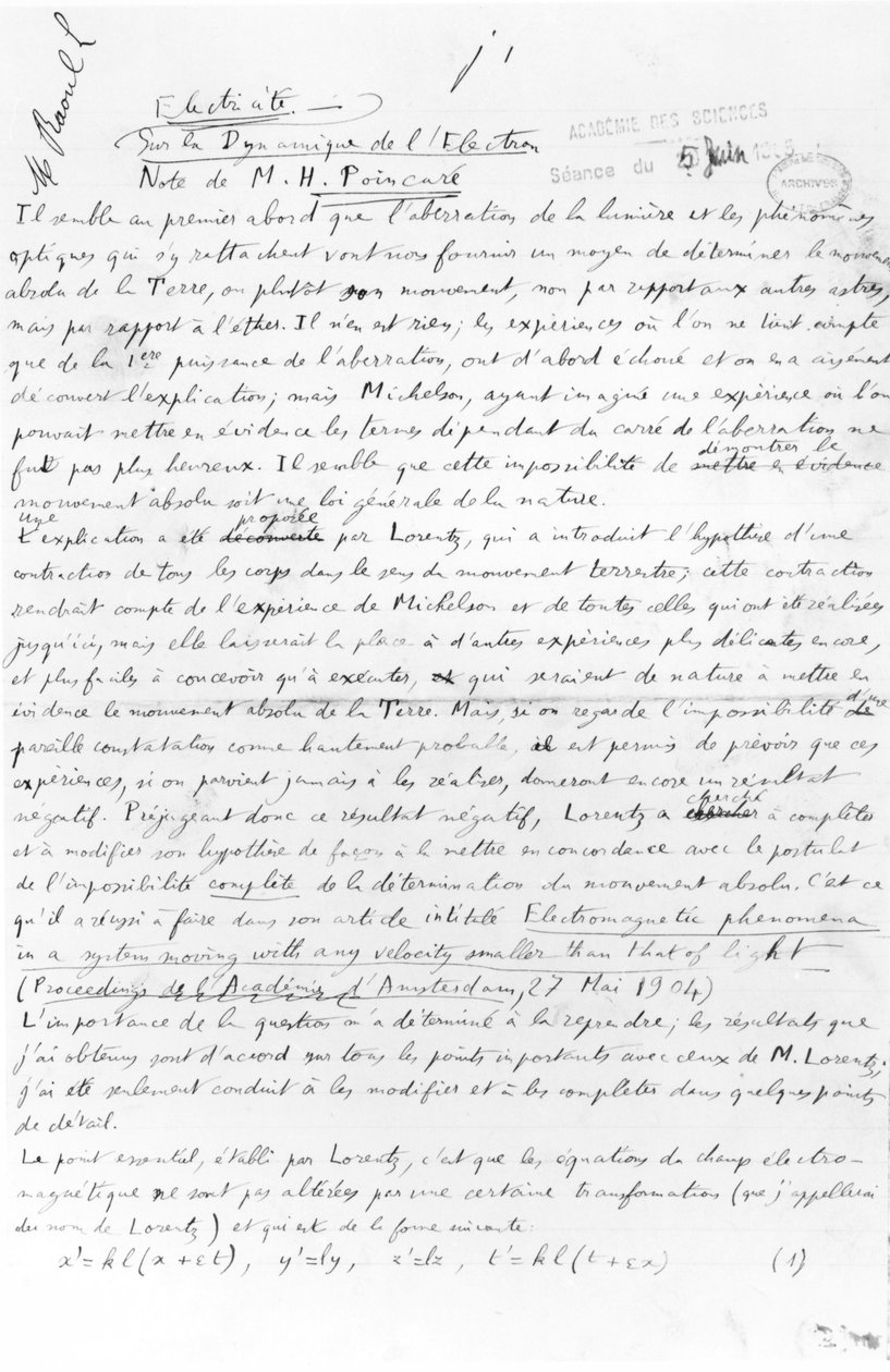 Manuscript over elektrondynamica, 5 juni 1905 door Henri Poincare