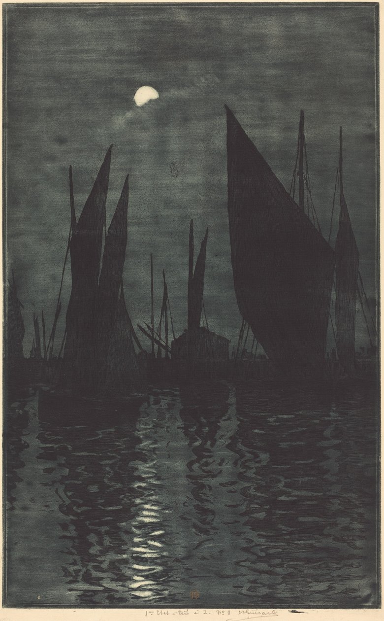 Maanlicht in de haven van Dieppe door Henri-Charles Guérard