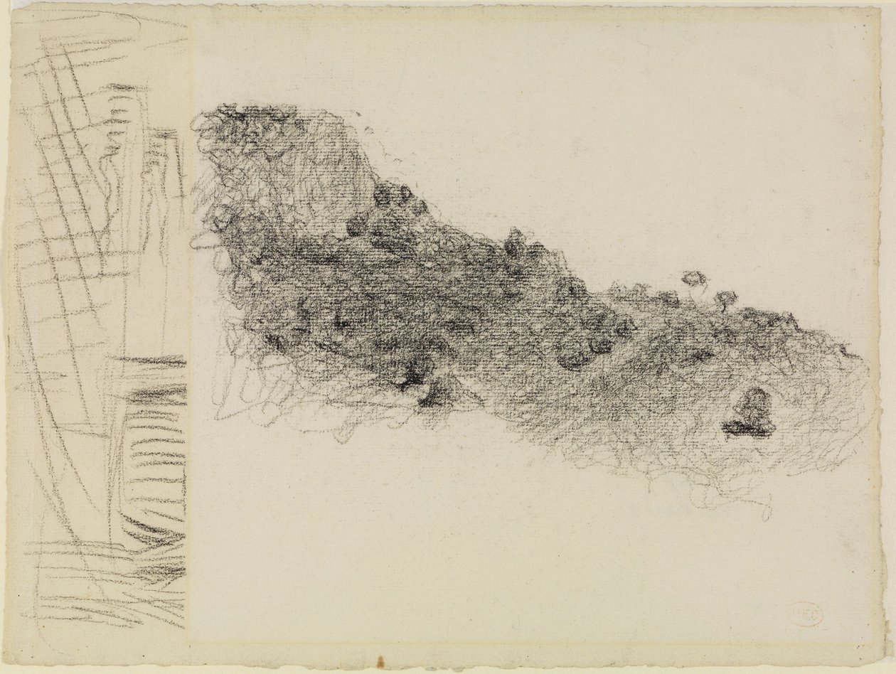 Naar rechts aflopende heuvelrug in Zuid-Frankrijk, links daarnaast een fragment van een andere tekening door Henri-Edmond Cross