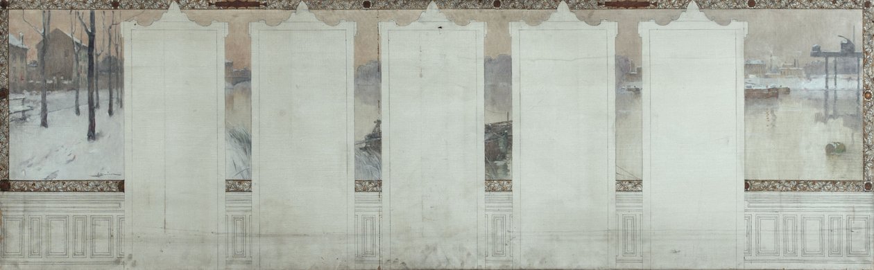 Schets voor het stadhuis van Asnières: Winter. De Seine bij Asnières, ca. 1900 door Henri Gaston Darien
