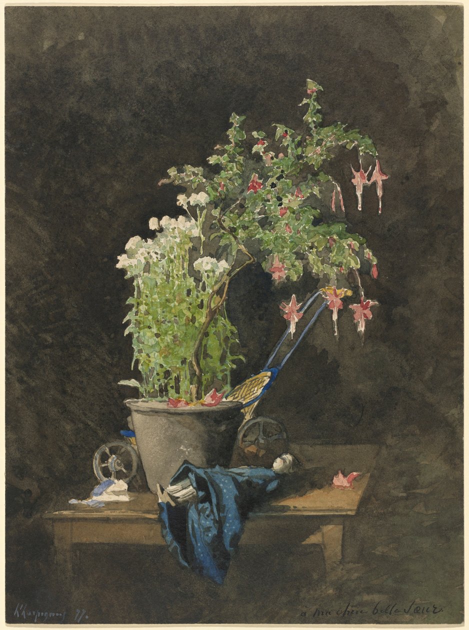 Een fuchsia in een pot met kinderspeelgoed door Henri-Joseph Harpignies