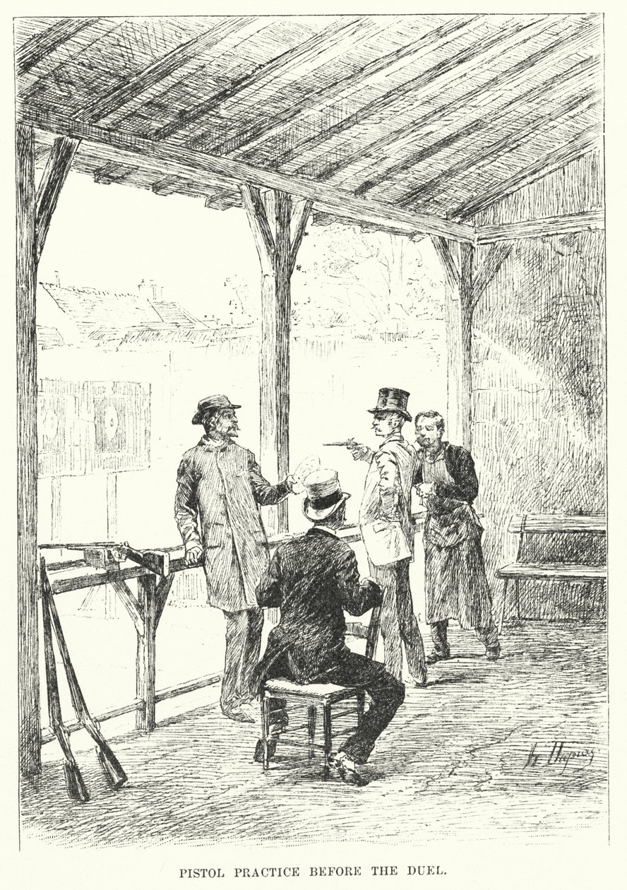 Pistooloefening voor het duel (gravure) door Henri-Louis Dupray