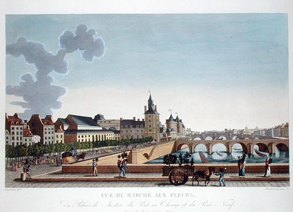 Uitzicht op de Bloemenmarkt bij het Palais de Justice, c.1816-20 (gekleurde gravure) door Henri (after) Courvoisier Voisin