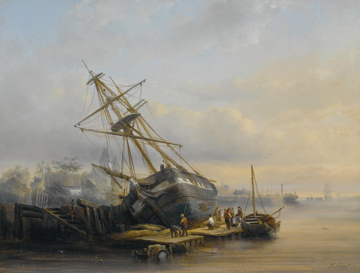 Reparaties uitvoeren in de scheepswerf

Alternatieve titel(s):  

Figuren aan het werk in een haven door Henri Adolphe Schaep