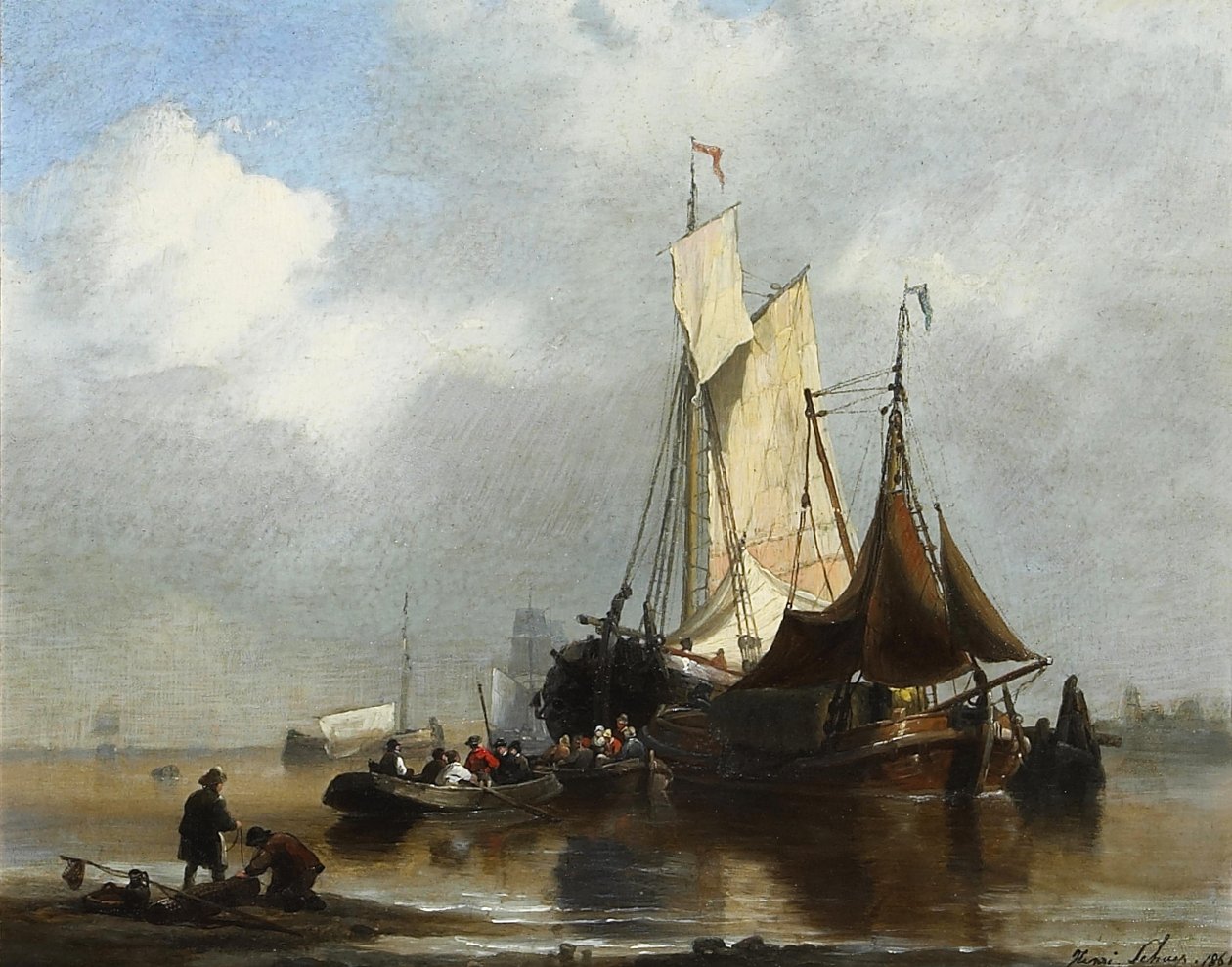 Schepen in een haven door Henri Adolphe Schaep