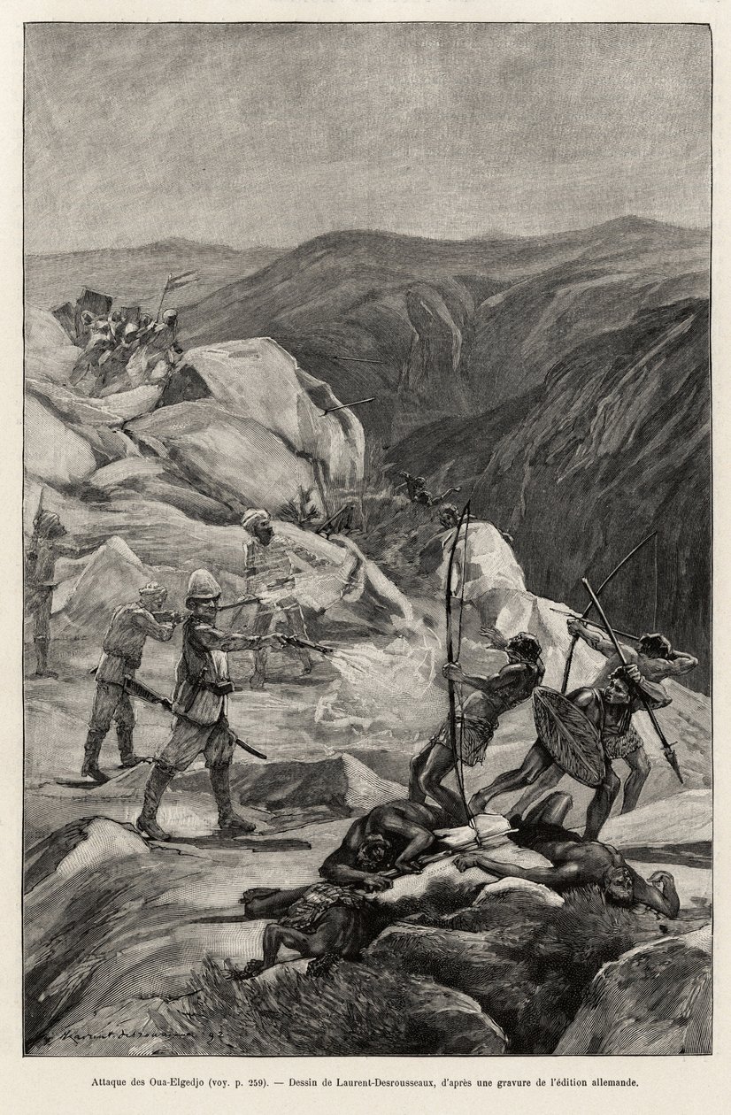 Oua-Elgedjo aanval. Gravure door Laurent Desrousseaux ter illustratie van het verhaal 