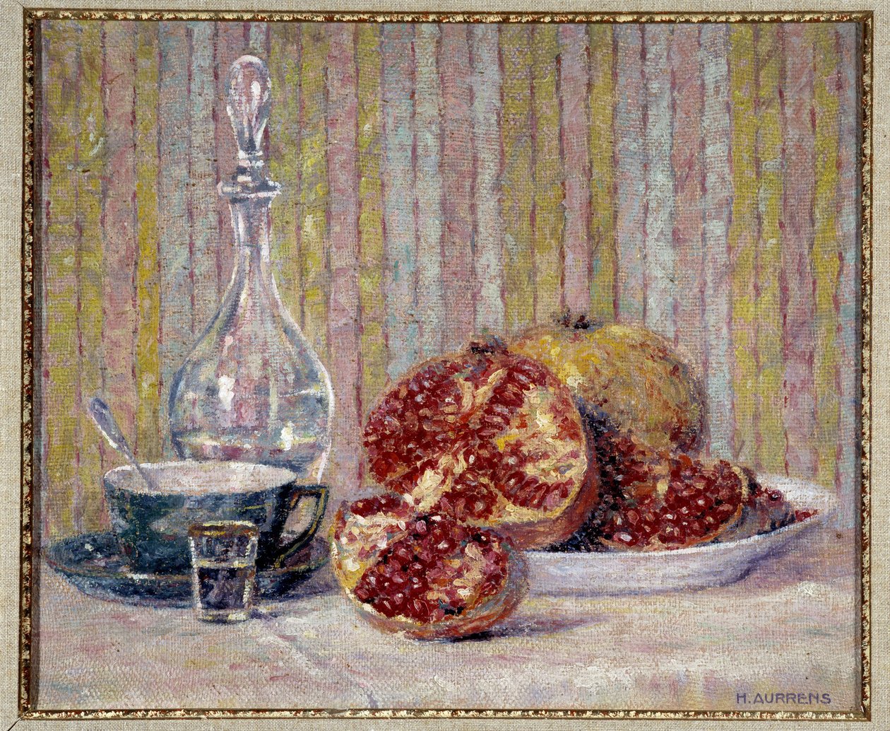 Stilleven met granaatappels door Henri Aurrens