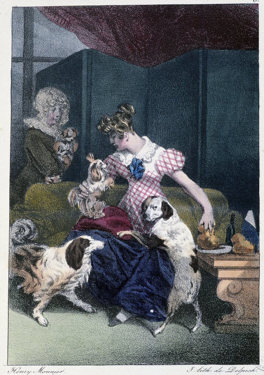 Jong meisje met honden: "Iedereen vindt zijn plezier waar hij het vindt" - in "Les pastemps" door Henri Monnier, ed. Delpech, Parijs door Henri Bonaventure Monnier