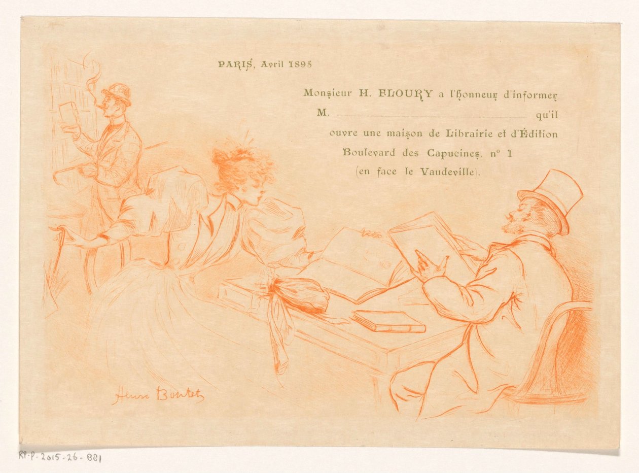 Aankondiging van de oprichting van de boekhandel en uitgeverij van Henry Floury te Parijs door Henri Boutet