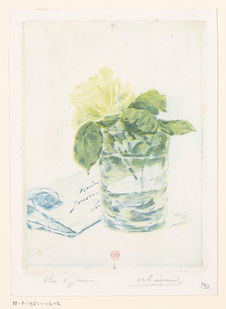 Brief naast een vaas met roos door Henri Charles Guérard (signed by artist)