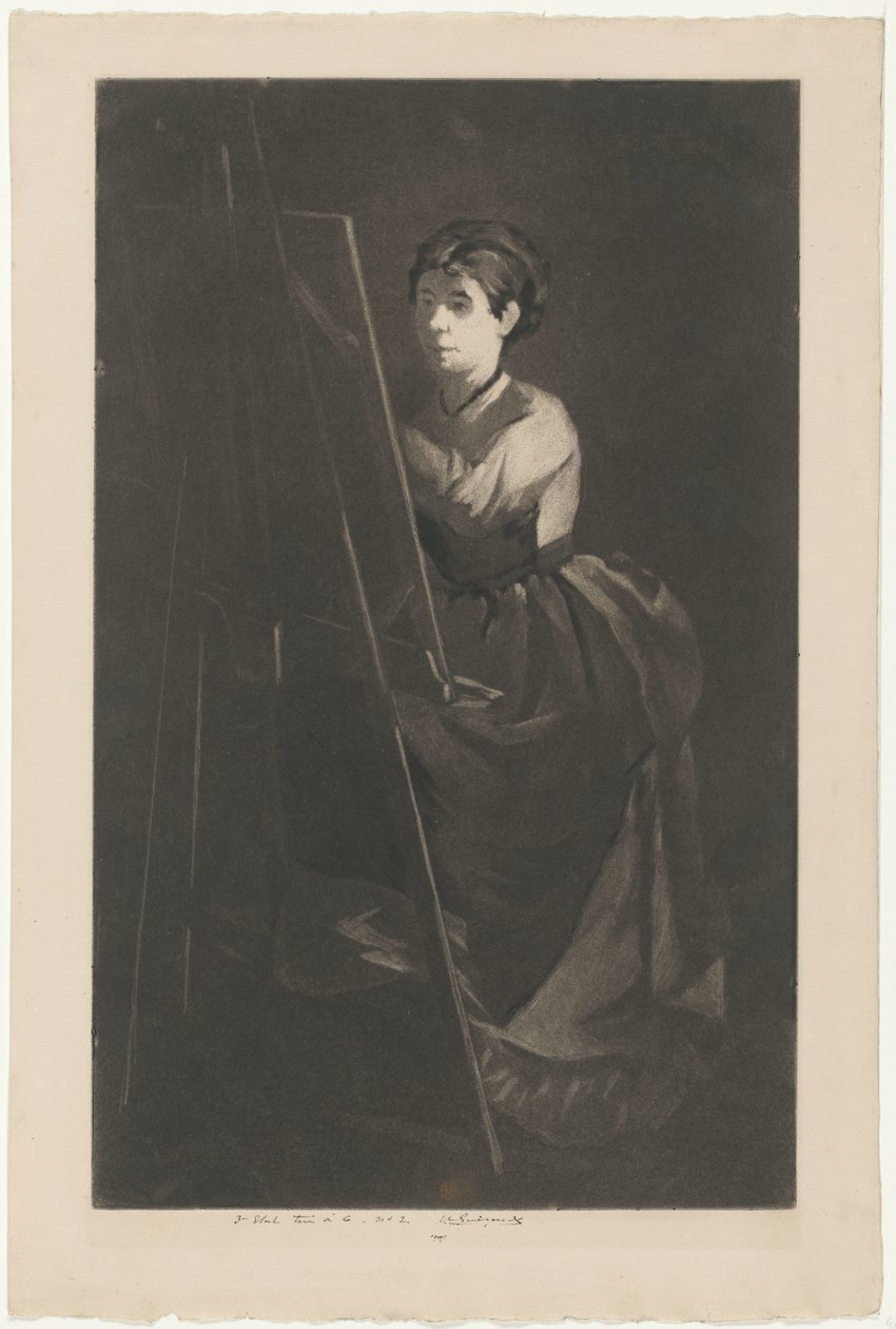 Portret van Eva Gonzalès voor een schildersezel door Henri Charles Guérard (signed by artist)