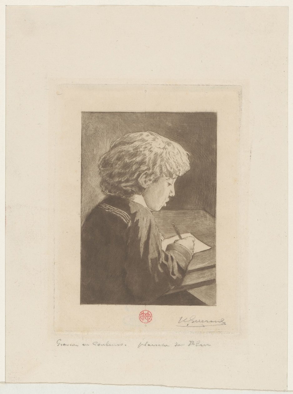 Schrijvende jongen door Henri Charles Guérard (signed by artist)