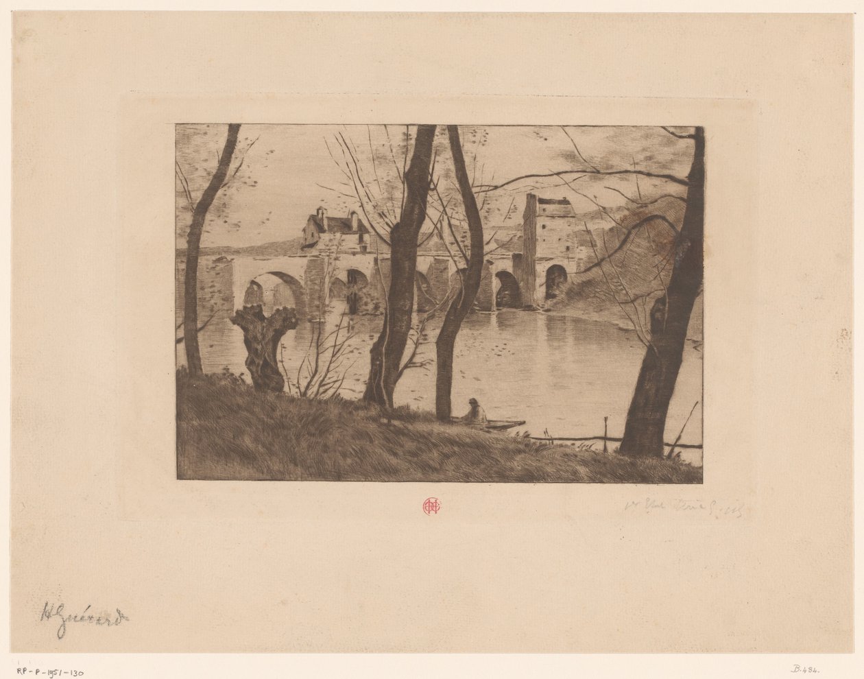 Gezicht op brug te Mantes-la-Jolie door Henri Charles Guérard