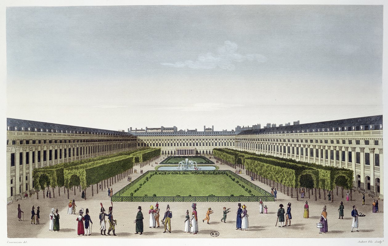 Uitzicht op de Tuinen van het Palais Royal, gezien vanaf de Galeries de Bois, gegraveerd door Aubert Fils, c.1815-20 door Henri Courvoisier Voisin