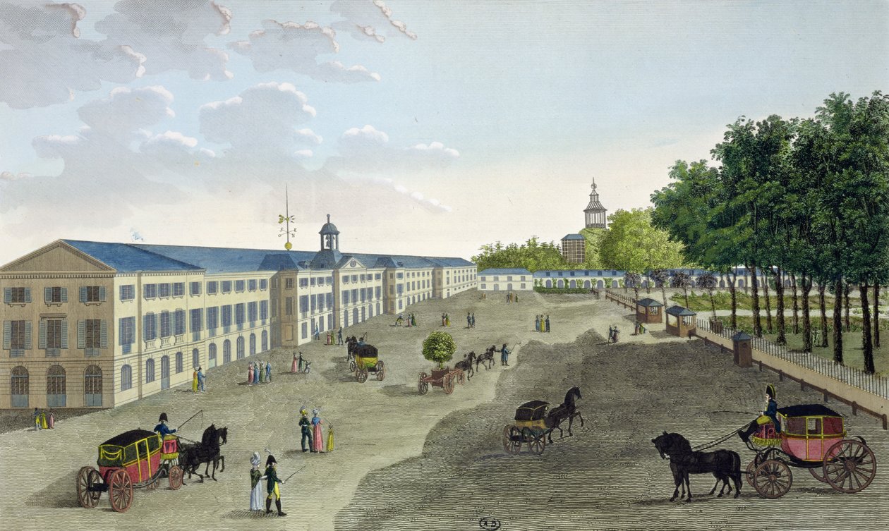 Uitzicht op de Nieuwe Galerij van het Natuurhistorisch Museum in Jardin des Plantes in Parijs, gegraveerd door Claude Fortier (1775-1835) door Henri Courvoisier Voisin