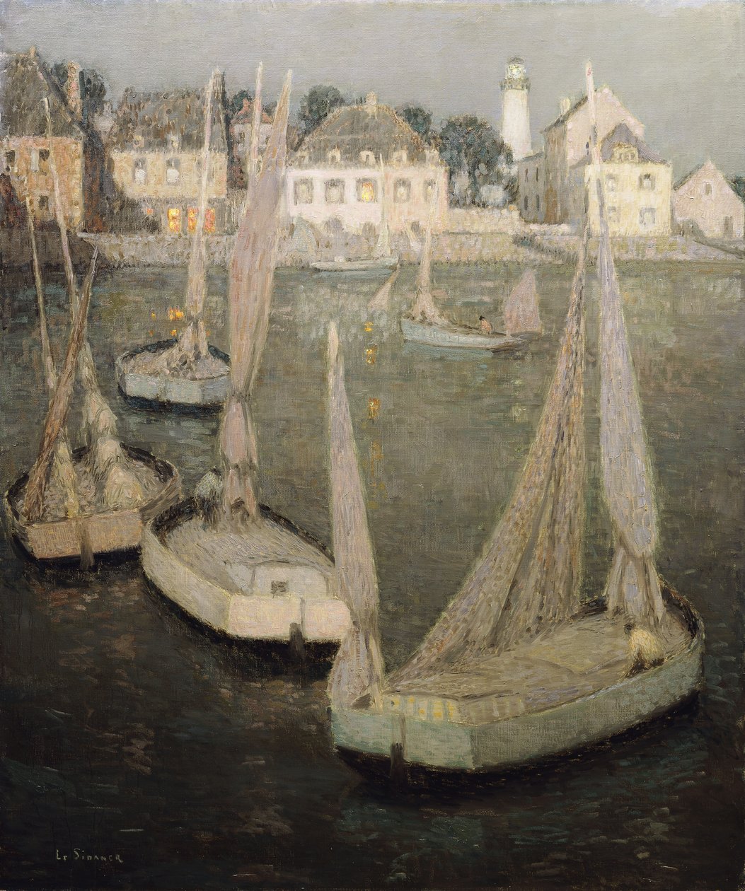 Bretonse Haven bij Maanlicht door Henri Eugene Augustin Le Sidaner