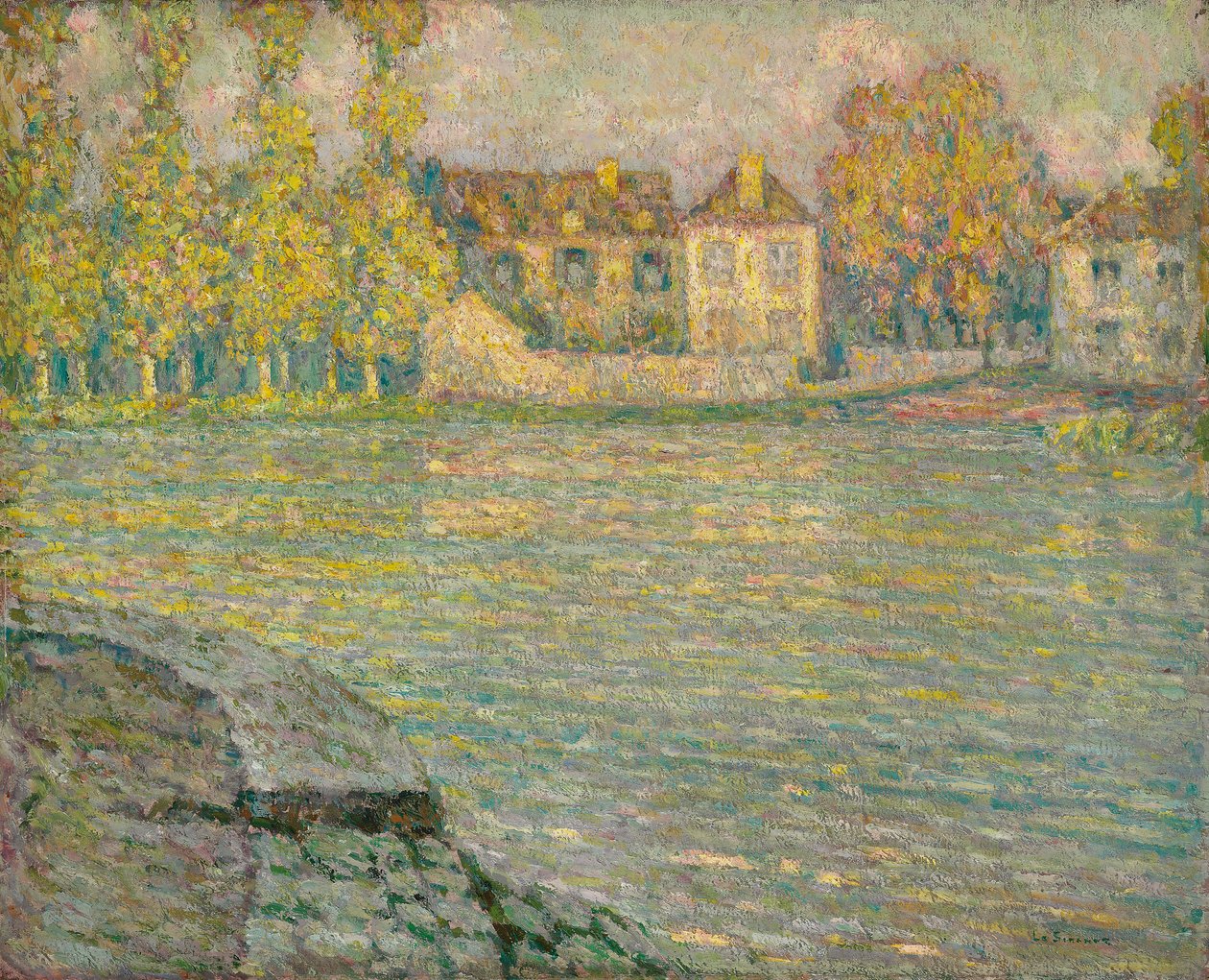 Huizen bij de rivier bij zonsondergang, Moret door Henri Eugene Augustin Le Sidaner
