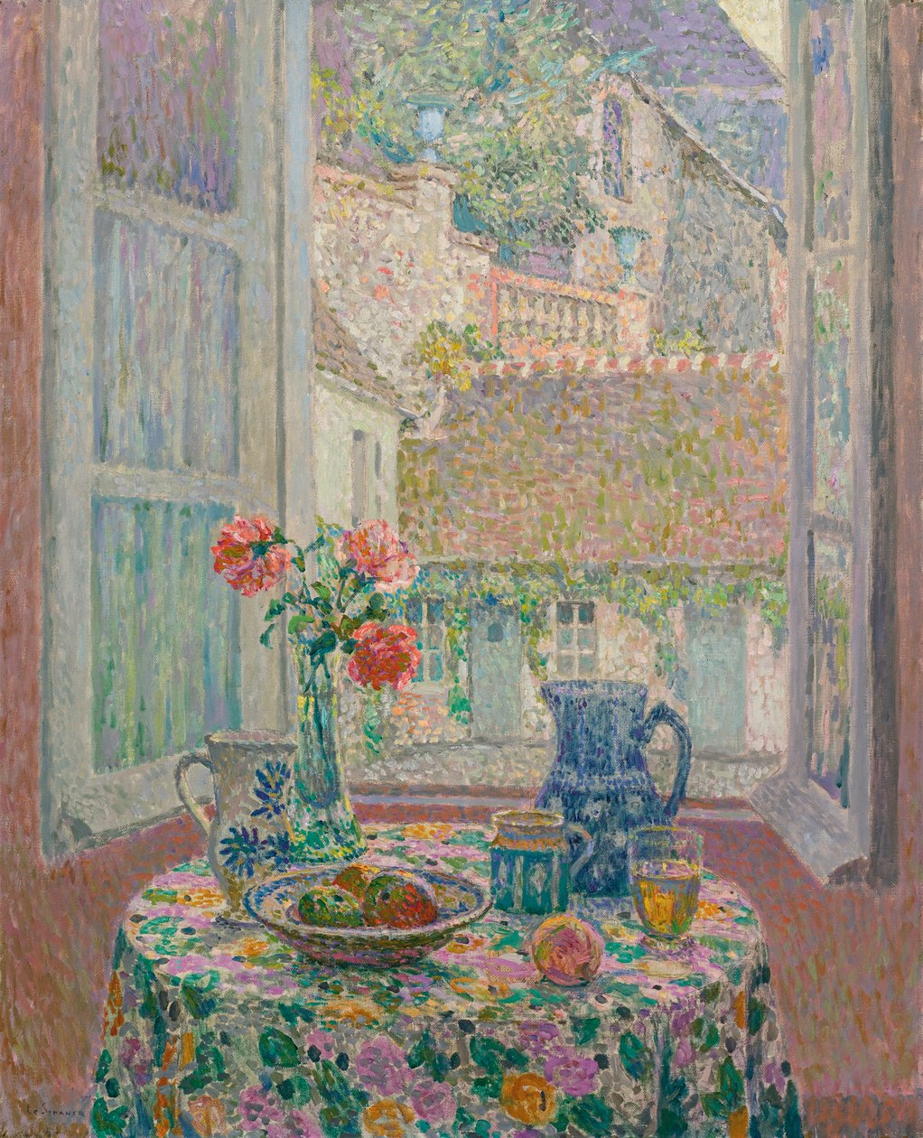Tafel met uitzicht op de binnenplaats door Henri Eugene Augustin Le Sidaner