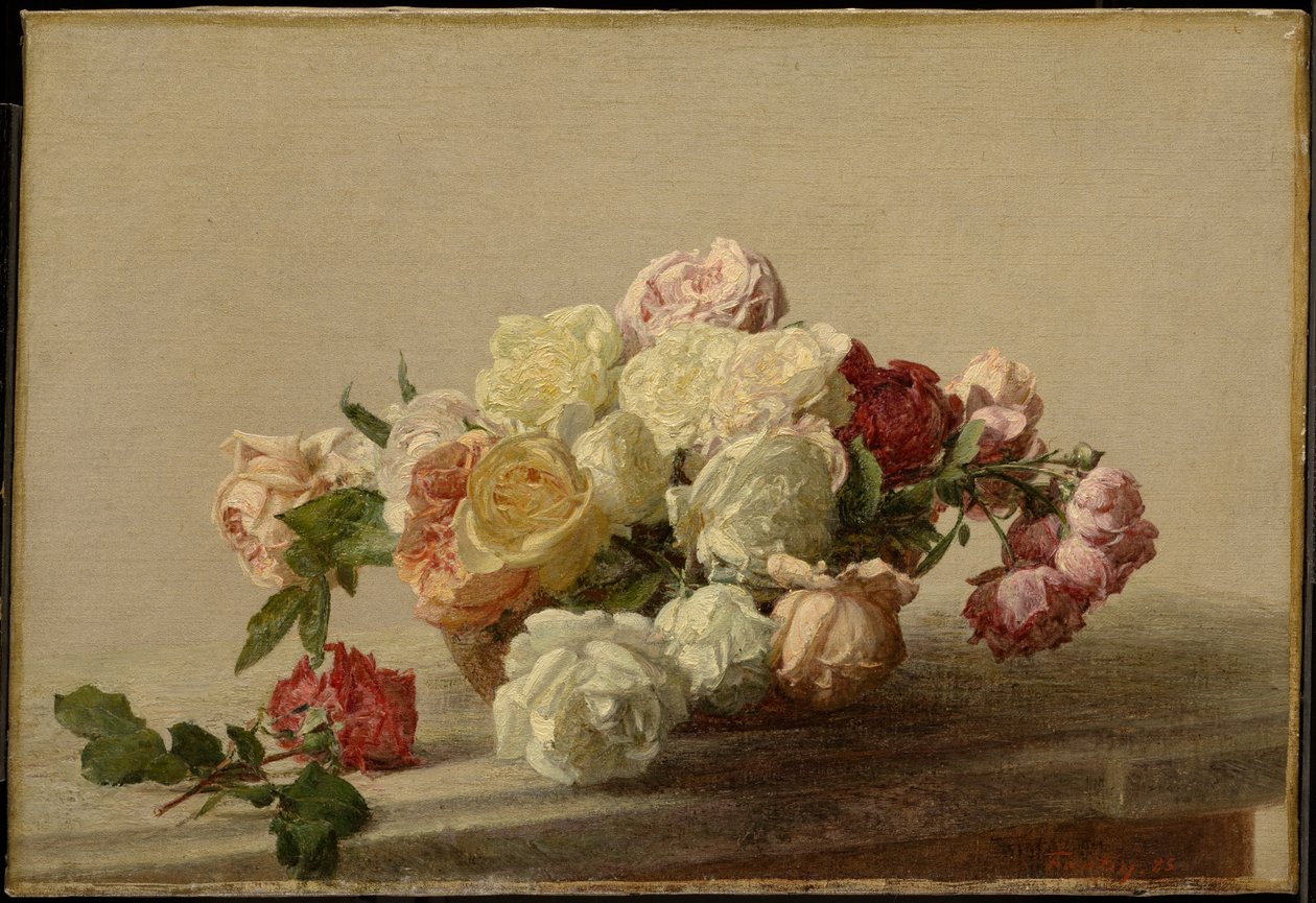 Schaal met rozen op een marmeren tafel door Henri Fantin-Latour