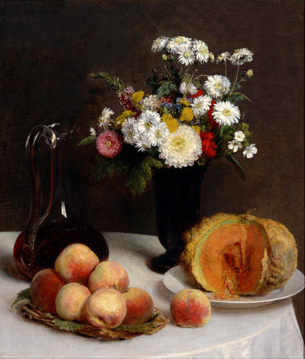 Stilleven met bloemen, fruit en wijnvaten. door Henri Fantin-Latour