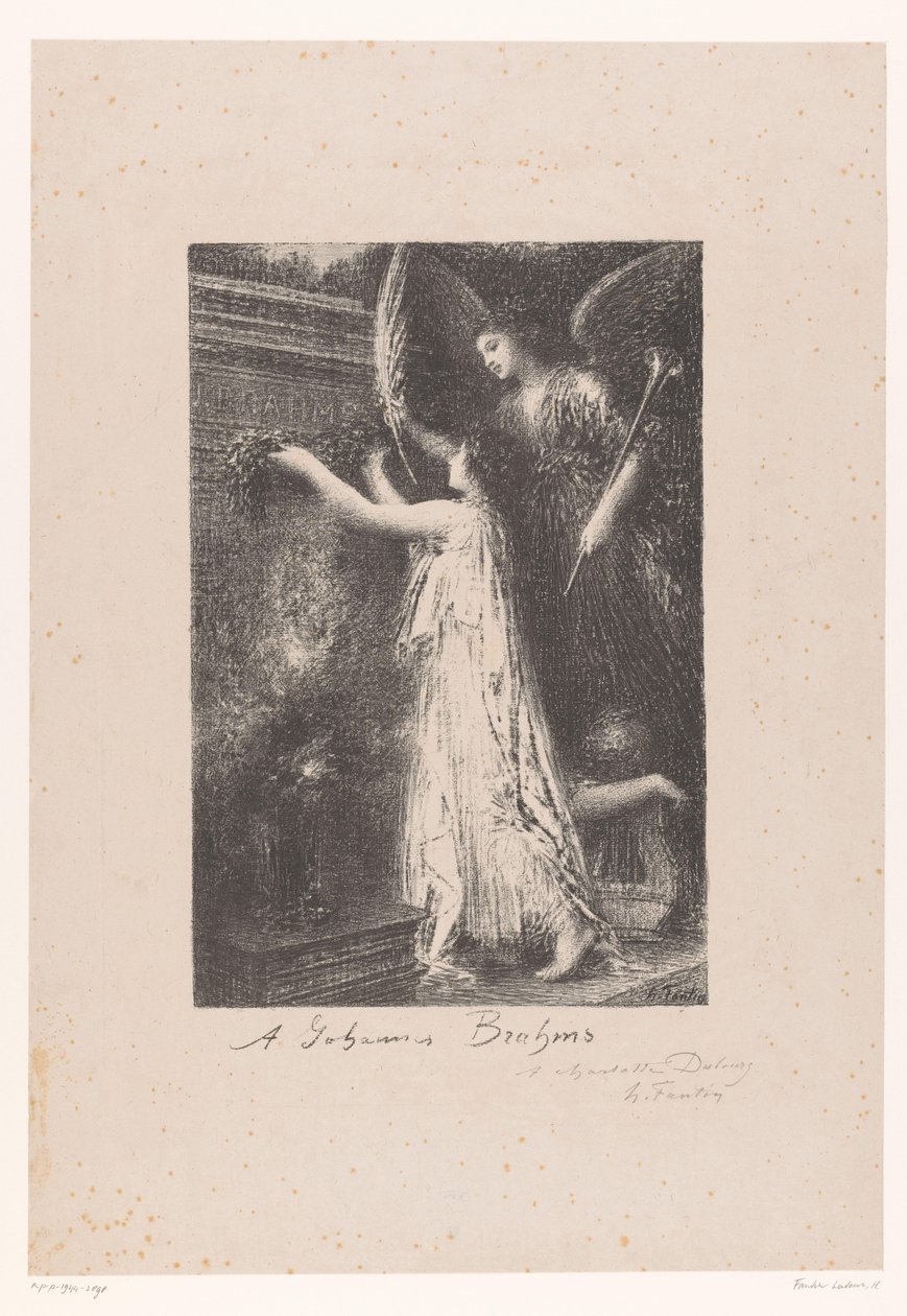 Engel en personificatie van de roem brengen erekrans bij graftombe van Johannes Brahms door Ignace Henri Jean Fantin Latour