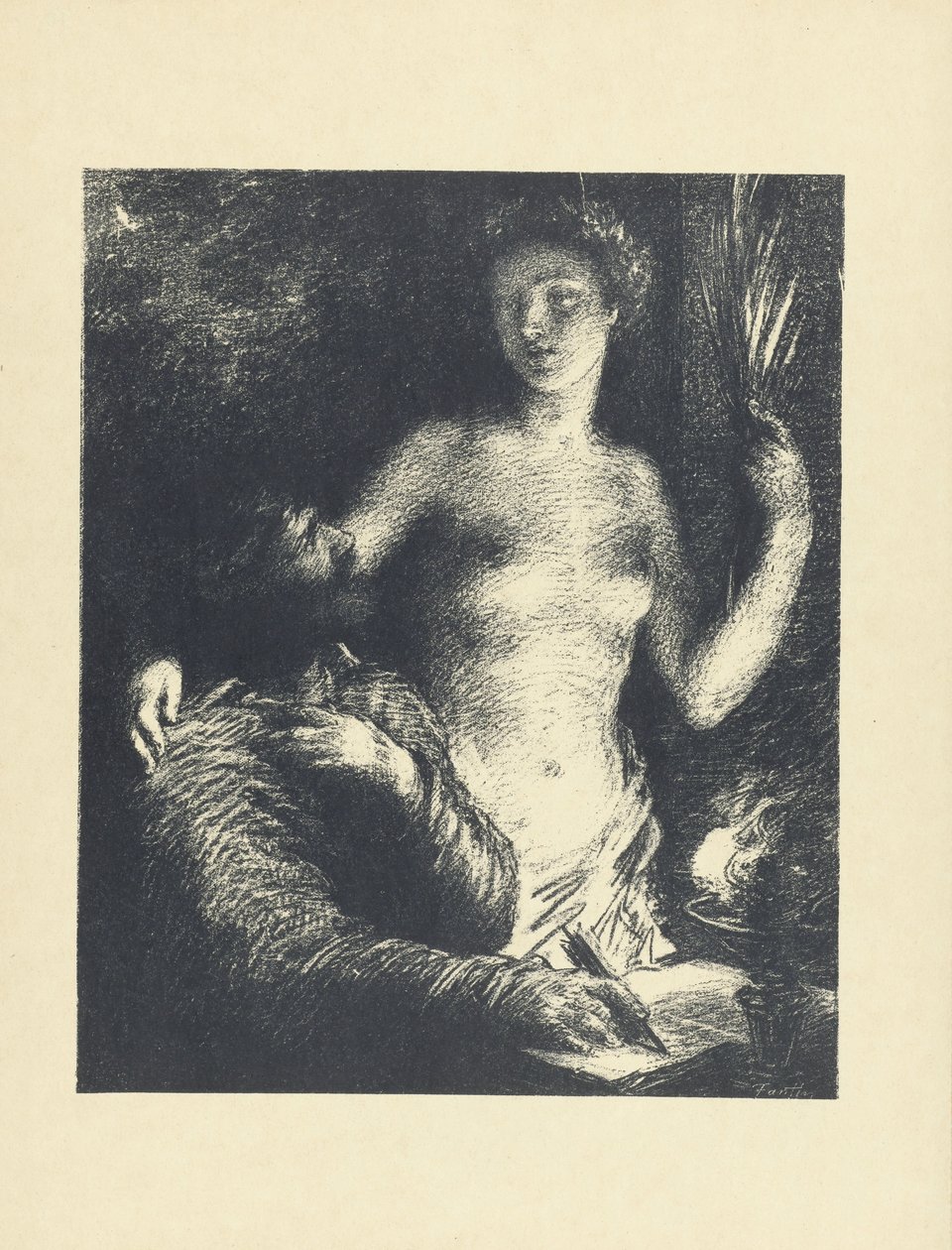 Man zittend met pen in hand en opengeslagen boek en naast hem staande naakte vrouw als muze of Inspiratie door Ignace Henri Jean Fantin Latour