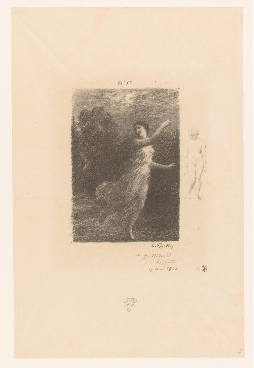 Nimf vlucht weg voor sater door Ignace Henri Jean Fantin-Latour