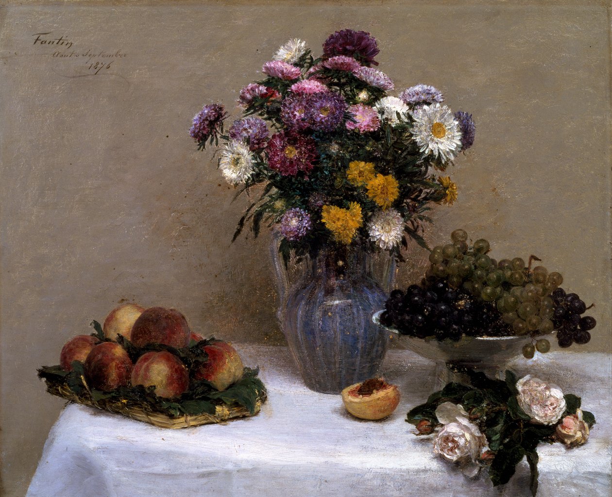Witte rozen en chrysanten in een vaas door Ignace Henri Jean Fantin Latour