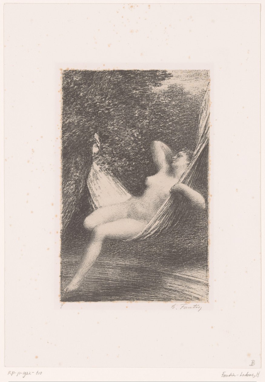 Sara schommelt naakt in een hangmat boven het water door Ignace Henri Jean Fantin Latour