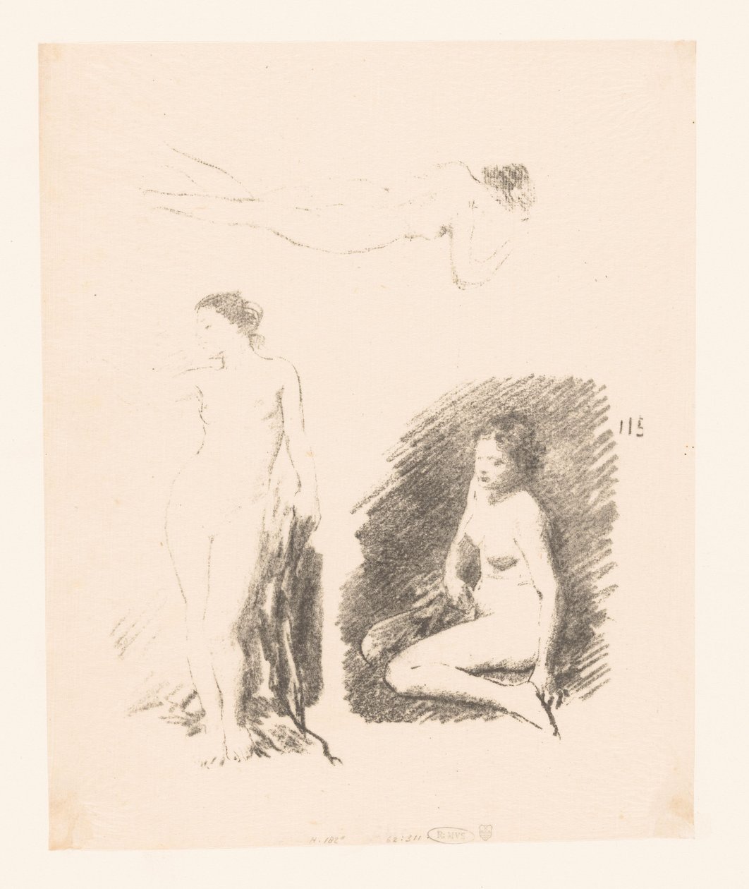 Studieblad met drie naakte vrouwen door Ignace Henri Jean Fantin Latour